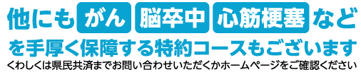 他にもがん脳卒中心筋梗塞などを手厚く保障する特約コースもございます　くわしくは県民共済までお問い合わせいただくかホームページをご確認ください